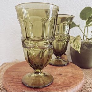 Vintage Fostoria Argus Iced Tea Glass Goblet in Avocado Olive Green set of 2